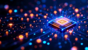 AIチップと仮想通貨ネットワークの間に距離があることを示す抽象的なイラスト
