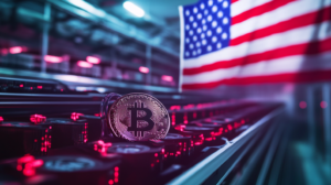 アメリカ国旗を背景にしたビットコインのイメージ