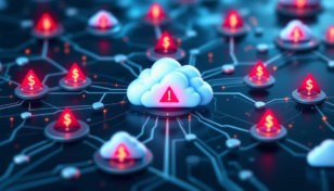 クラウドサービスの障害が仮想通貨ネットワークに影響を与えている様子を象徴する、赤い警告信号が表示された相互接続サーバーの抽象的なビジュアル