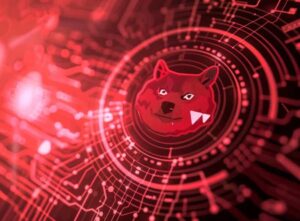 ミームコイン-赤い基盤と犬のプリント