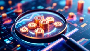 未来的なインターフェース上で虫眼鏡で評価されるデジタルトークンの抽象的な表現