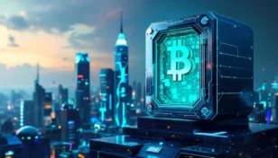 ビットコインのシンボルが組み込まれた企業ビル群のスカイラインにある様式化されたデジタル金庫
