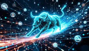 ビットコインのネットワークを駆け抜ける抽象的なデジタルの雄牛