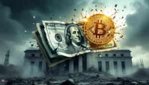 崩れ行くドル紙幣の中心からビットコインが台頭する様子を表現したイメージ