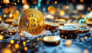 ビットコインがモネロに変換され市場が変動する様子を示す抽象的なデジタルイメージ