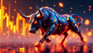 ビットコイン価格と連動して上昇するBTC Bull Tokenを象徴する金色の牡牛と高騰するチャート