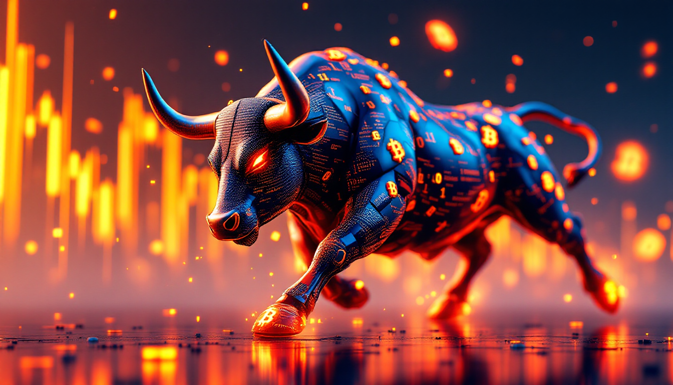 ビットコイン価格と連動して上昇するBTC Bull Tokenを象徴する金色の牡牛と高騰するチャート