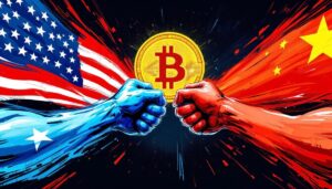 米中の関税戦争による仮想通貨市場の混乱を表すデジタルアート