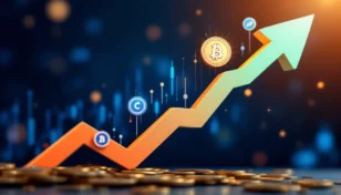 規制緩和を背景に上昇するCoinbase株価を示すグラフとデジタルコインのイメージ