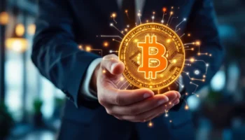 ビットコインへの企業投資を象徴する未来的なオフィス風景
