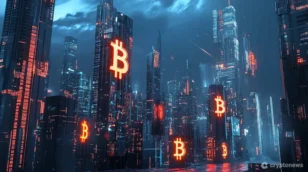 機関投資を示す、ビルに組み込まれた光るビットコインシンボルを持つ未来的な街並み