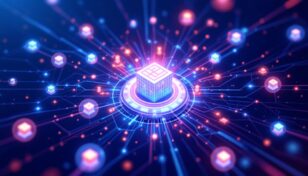 暗号資産データプラットフォームを象徴する、中央ハブに流れ込むデータの抽象的なネットワーク図