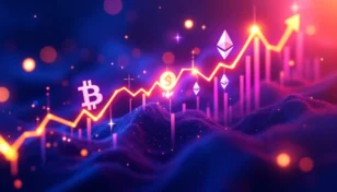 ビットコイン、ドージコイン、ソラナ、イーサリアムのシンボルが輝く、上昇する仮想通貨市場の抽象的な表現