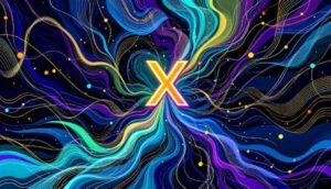 政治権力と金融チャートの流れが仮想通貨シンボルに合流する抽象的なデジタルアート