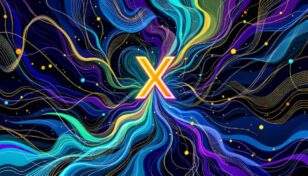 政治権力と金融チャートの流れが仮想通貨シンボルに合流する抽象的なデジタルアート