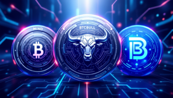 未来的なロードマップを背景に輝くBTCBULL、MIND、BESTを象徴する3つのコイン