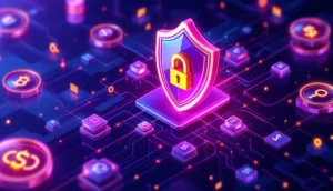 仮想通貨ウォレットのセキュリティを示す未来的で安全なイメージ。シールドとデジタルキーが描かれている。