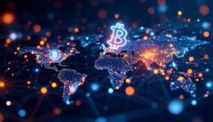 分散化されたビットコインマイニングの接続が世界中に広がる様子を示す抽象的なネットワーク図。