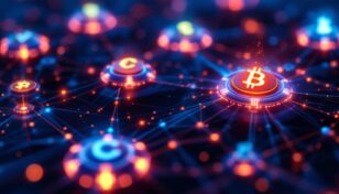 デジタルネットワークに接続された仮想通貨シンボルが光る抽象的なイメージ