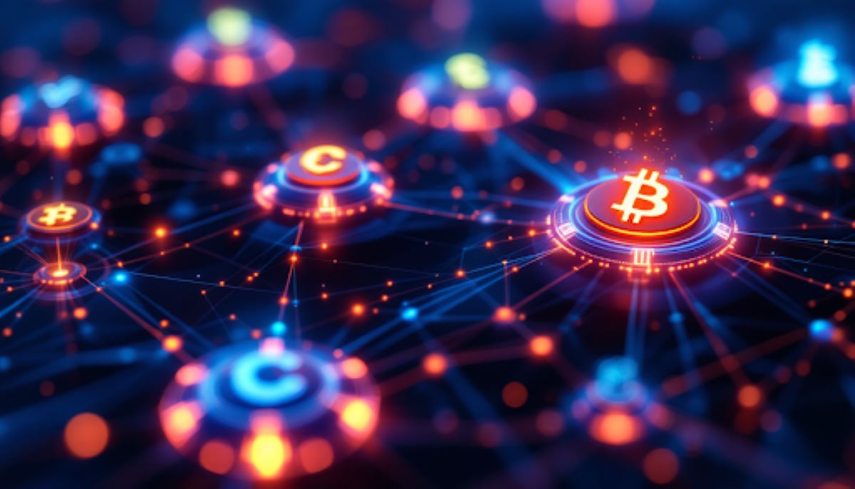 仮想通貨シンボルが光る抽象的なイメージ