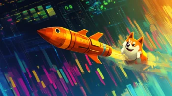 Fartcoinのロケットがドージコインのマスコットを追い抜ける様子を描いたイラスト