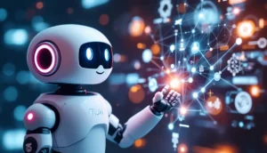 Flokiのロゴがついたフレンドリーなコンパニオンロボットが、分散型ネットワークと対話している様子