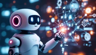 Flokiのロゴがついたフレンドリーなコンパニオンロボットが、分散型ネットワークと対話している様子