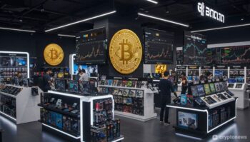 ゲームストップの店舗とビットコインのロゴを表示する画面