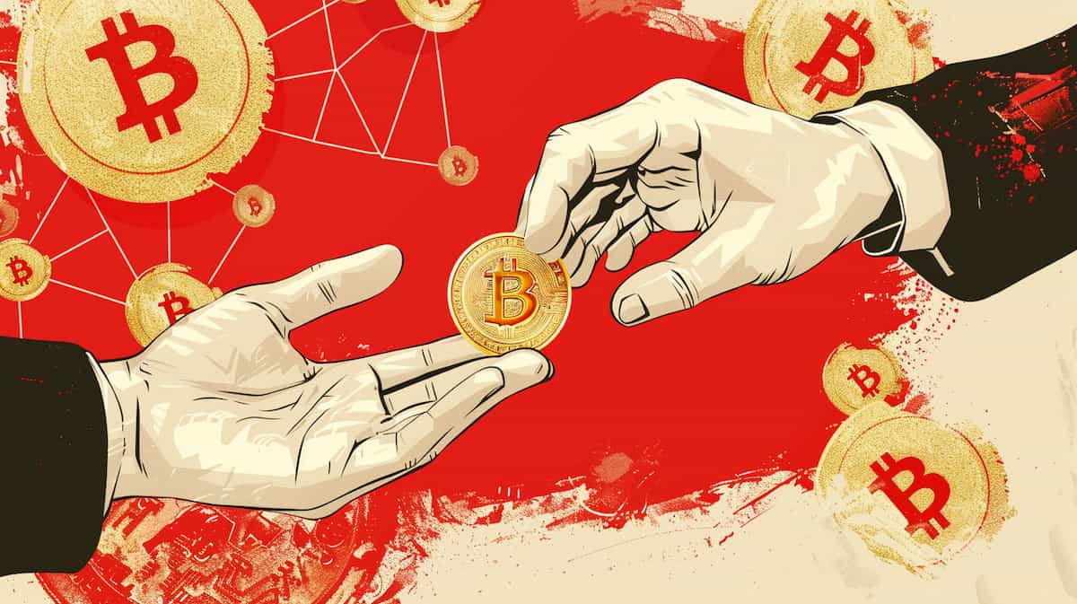 ビットコインの買い方-手から手にビットコインを手渡している