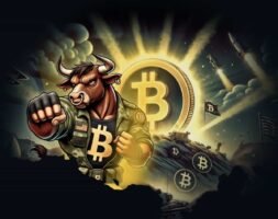 Bitcoin Bullの買い方-牛がビットコインを背景にパンチしている