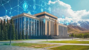 キルギス政府庁舎とブロックチェーン技術を表すデジタルグラフィック