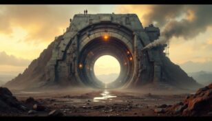 ソラナのブロックチェーン要素と融合した、終末世界の核シェルター入り口のデジタルアート