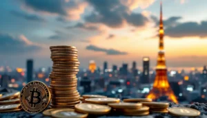 東京のスカイラインを背景に、メタプラネット社のビットコイン積み上げと成長戦略を象徴する画像