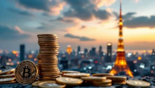 東京のスカイラインを背景に、メタプラネット社のビットコイン積み上げと成長戦略を象徴する画像