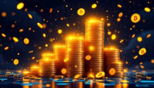 ビットコインのコインを積み上げる日本の企業のイメージ図