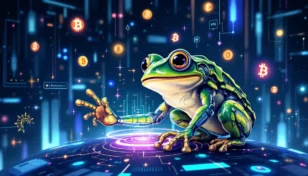 AIと融合したペペ・ザ・フロッグが仮想通貨市場を分析するイラスト
