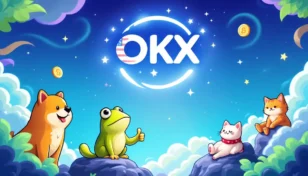 米国市場に進出するOKXのロゴと、それを見つめるミームコインのキャラクター達のイラスト