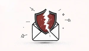 フィッシングメールによるセキュリティ侵害を示すひび割れた盾のイラスト