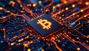 量子コンピューターがビットコインのデジタルキーを解読しようとしている抽象的なイメージ