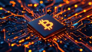 量子コンピューターがビットコインのデジタルキーを解読しようとしている抽象的なイメージ