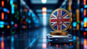 デジタルな仮想通貨ネットワーク上に不安定に置かれた英国ポンド硬貨