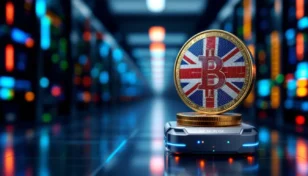 デジタルな仮想通貨ネットワーク上に不安定に置かれた英国ポンド硬貨
