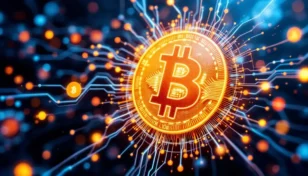 医療技術とビットコインのシンボルが融合する抽象的なビジュアル