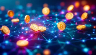 ソーシャルメディアのエンゲージメントが仮想通貨に変わる様子を示す抽象的なデジタルネットワークのイメージ