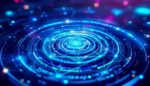 ソラナネットワーク構造の上に構築された高速なレイヤー2ブロックチェーンを表す抽象的な光る層