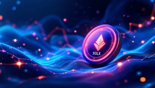 市場の不確実性と仮想通貨投資戦略を示す未来的な画像、SOLXトークンシンボルが輝く