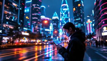 ソニーの電子機器店舗でUSDCコイン決済オプションが表示されている未来的なインターフェース