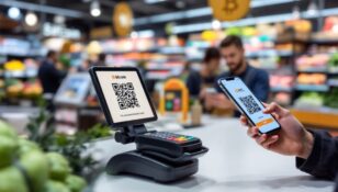 スーパーマーケットのレジでスマートフォンを使いビットコイン決済のQRコードをスキャンする顧客