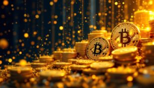 企業によるビットコイン大量購入を象徴する抽象的なデジタルアート