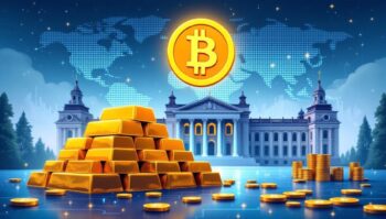 スウェーデン議会とビットコインのシンボルを組み合わせたデジタルアート